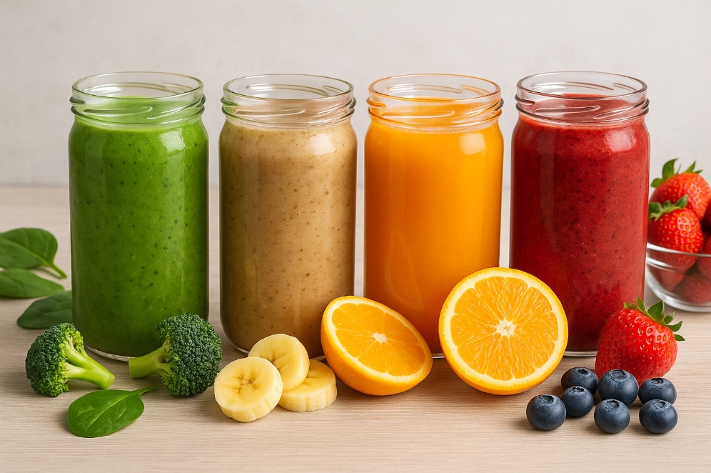 Colorful smoothies showcasing Fibioca RS Resistant Starch beverage applications with fresh fruits and vegetables.